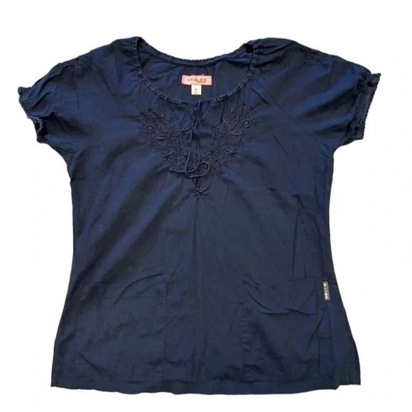 Koi By Kathy  Peterson Embroidered Navy Blue Scrub Top Size M - Picture 1 of 6
